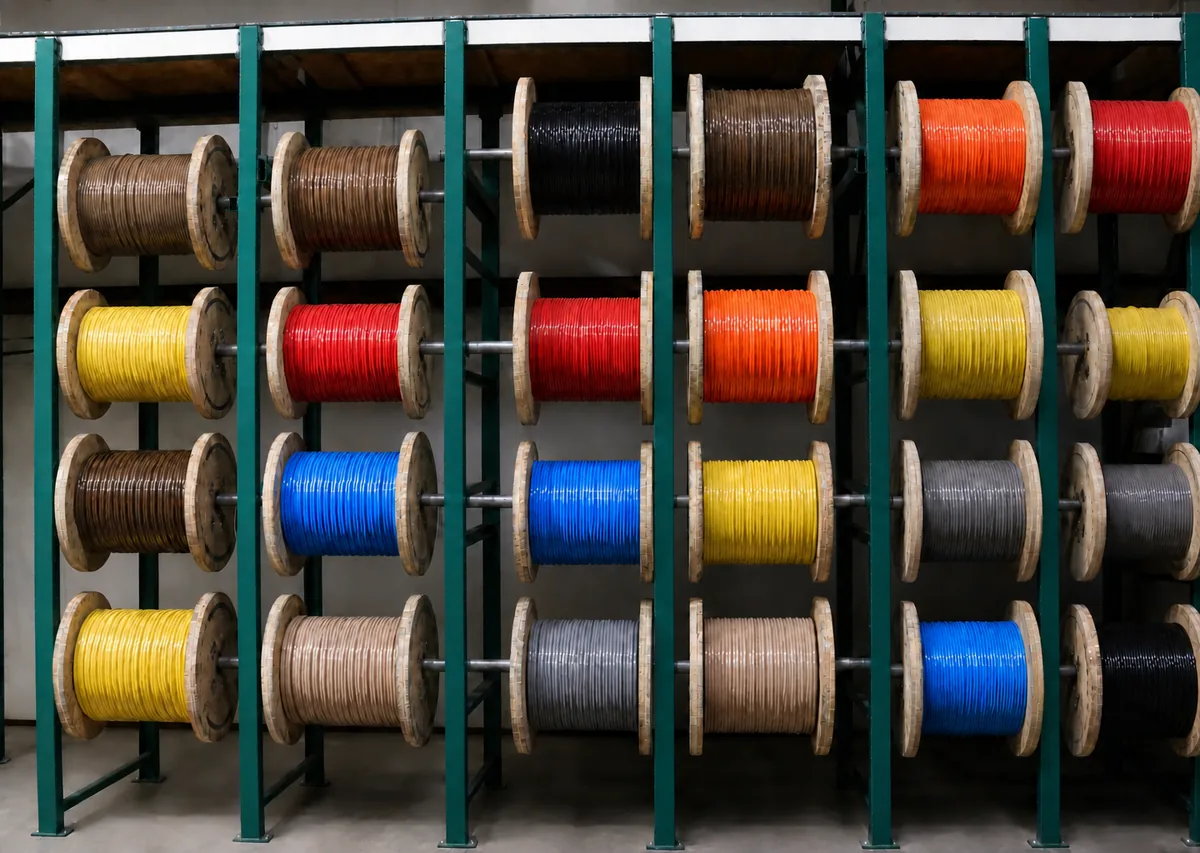 Rack of large wooden spools of building wire in brown, red, blue, yellow and orange at Williams Electric Supply